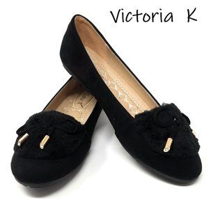Women's Fur & Bow Ballet Flats, BF-2635, Black